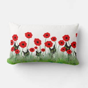 Black Cats and Red Poppies Lumbar Cushion