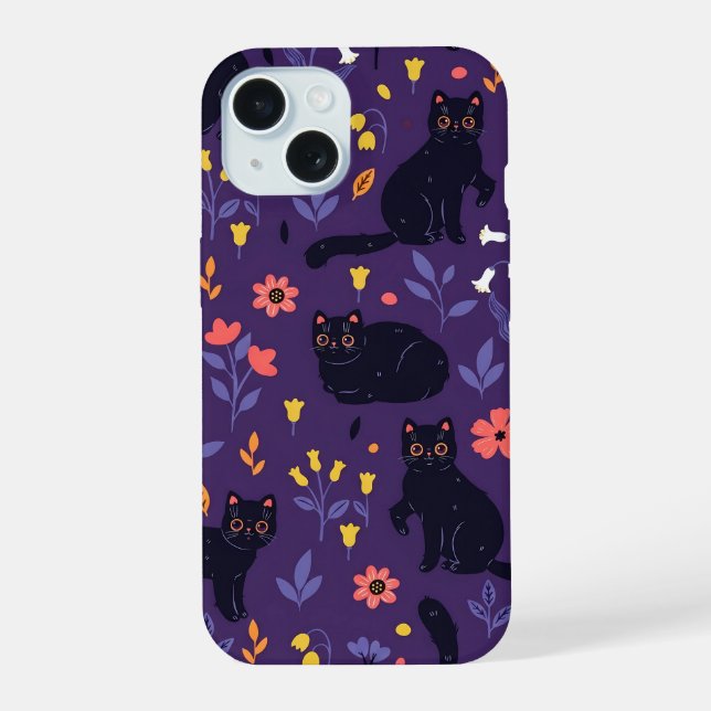 Black Cats and Wildflowers pattern iPhone 15 Case (Back)