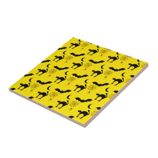 Black Cats Bats and Moons Halloween Pattern Tile