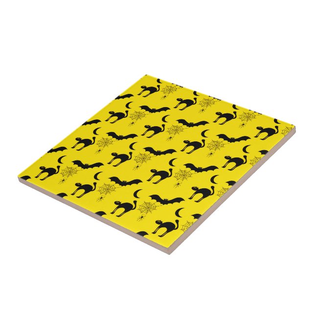 Black Cats Bats and Moons Halloween Pattern Tile (Side)
