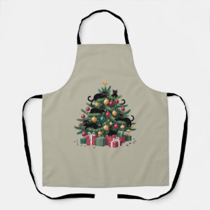 Black Cats Christmas Tree Cat Lover Xmas Lights Apron