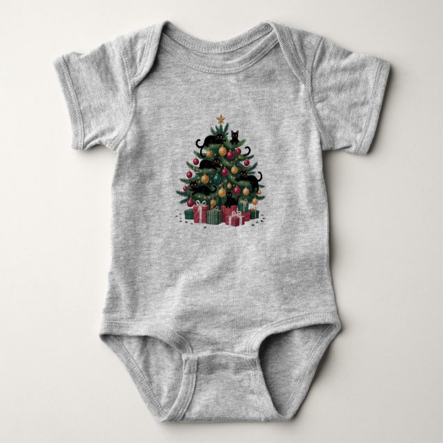 Black Cats Christmas Tree Cat Lover Xmas Lights Baby Bodysuit (Front)