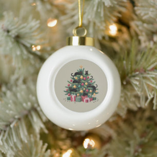 Black Cats Christmas Tree Cat Lover Xmas Lights Ceramic Ball Christmas Ornament