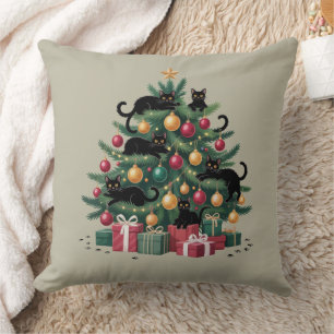 Black Cats Christmas Tree Cat Lover Xmas Lights Cushion