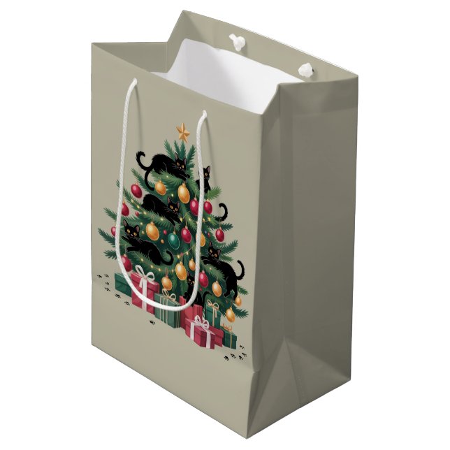 Black Cats Christmas Tree Cat Lover Xmas Lights Medium Gift Bag (Front Angled)