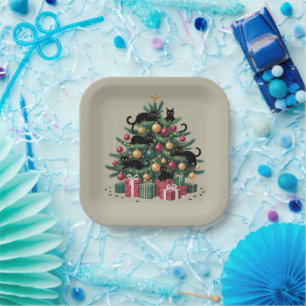 Black Cats Christmas Tree Cat Lover Xmas Lights Paper Plate