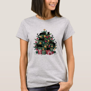 Black Cats Christmas Tree Cat Lover Xmas Lights T-Shirt