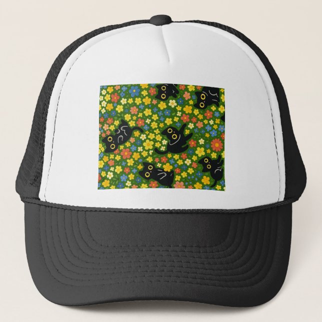 Black Cats | Cute Black Cats Floral Meadow Pattern Trucker Hat (Front)