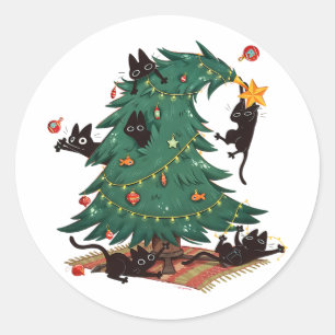 Black Cats Decorating Christmas Tree Funny Cat Lov Classic Round Sticker
