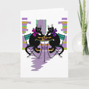 black cats drinking wine greeting card