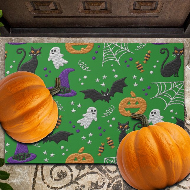 Black Cats Ghosts Bats Green Pattern Halloween Doormat (Creator Uploaded)