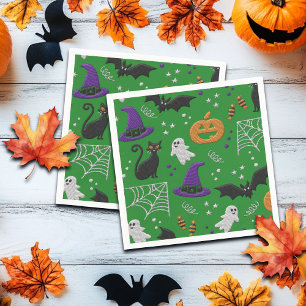 Black Cats Ghosts Bats Green Pattern Halloween Napkin