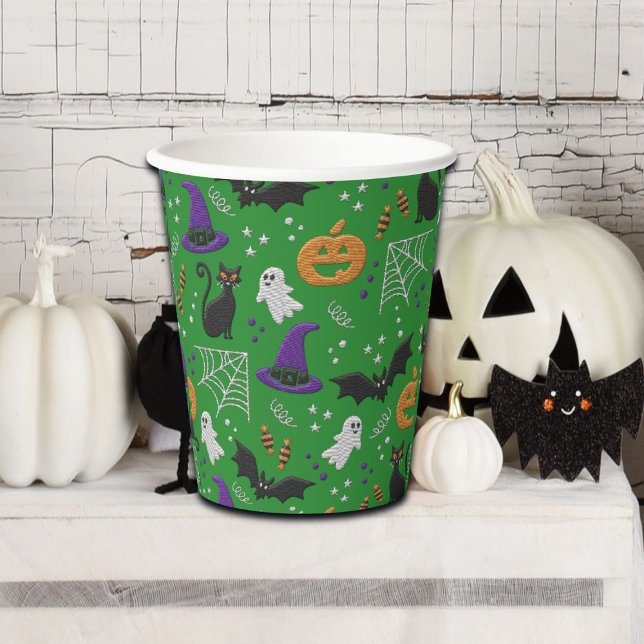 Black Cats Ghosts Bats Green Pattern Halloween Paper Cups (Creator Uploaded)