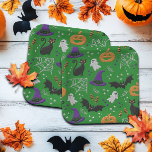 Black Cats Ghosts Bats Green Pattern Halloween Paper Plate