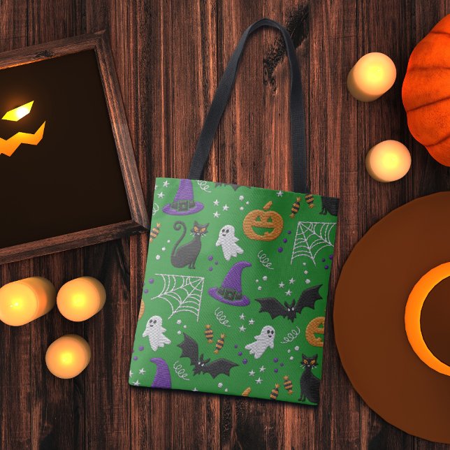 Black Cats Ghosts Bats Green Pattern Halloween Tote Bag (Creator Uploaded)