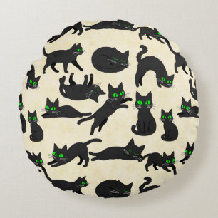 Black Cats Green Eyes Cute Kittens Warm Cream Round Cushion