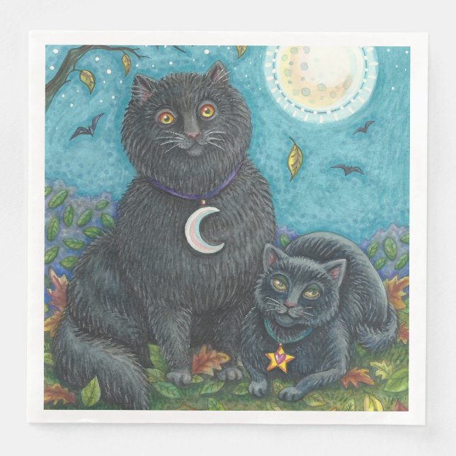 BLACK CATS HALLOWEEN FOLK ART FELINES NAPKIN (Front)