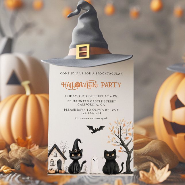 Black Cats Halloween Party Invitation (Black Cats Halloween Party Invitation on a holiday table with Jack o lantens.)