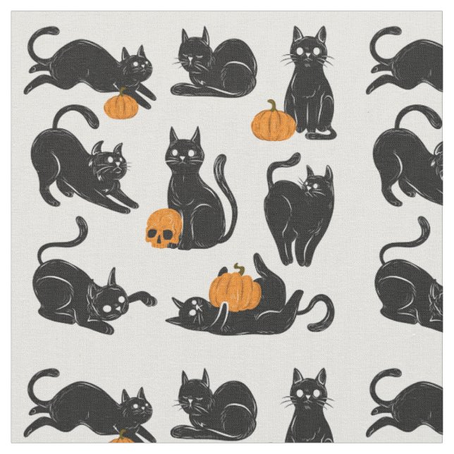 Black Cats, Halloween, Pumpkins and Skulls Fabric (Close Up)