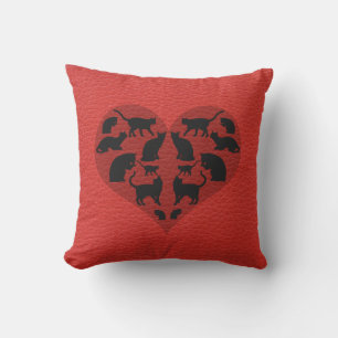 Black Cats Heart Faux Red Leather Cushion