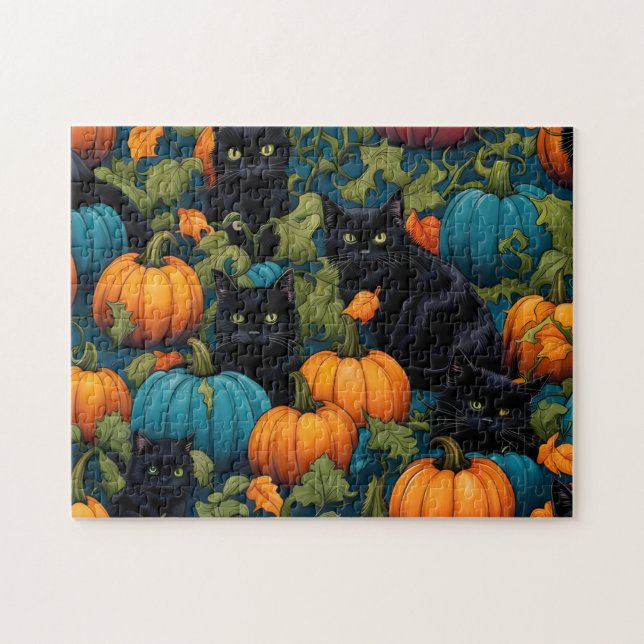 Black cats in a pumpkin patch - Halloween Jigsaw Puzzle (Horizontal)
