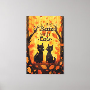 Black cats in autumn forest with yellow leaves. canvas print
