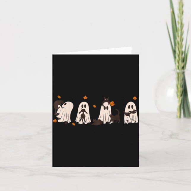 Black Cats In Cute Ghost Cat Halloween Card (Front)