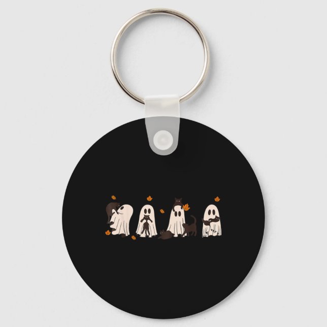 Black Cats In Cute Ghost Cat Halloween Key Ring (Front)