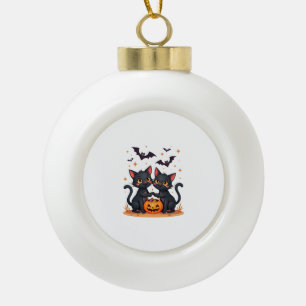 Black Cats in Ghost Costume - Cute Women and Men H Ceramic Ball Christmas Ornament