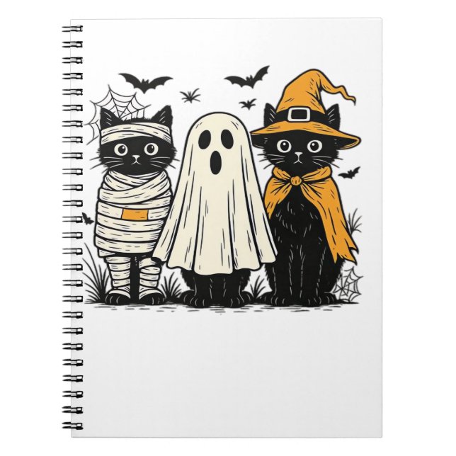 Black Cats in Halloween Costumes – Ghost, Witch, a Notebook (Front)