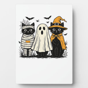 Black Cats in Halloween Costumes – Ghost, Witch, a Plaque