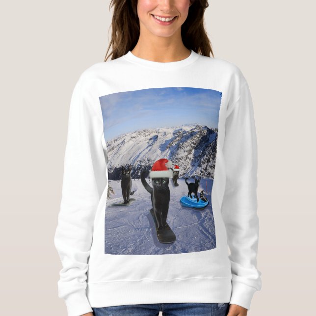 Black Cats in Santa Hats Snowboarding Adventure Sweatshirt (Front)