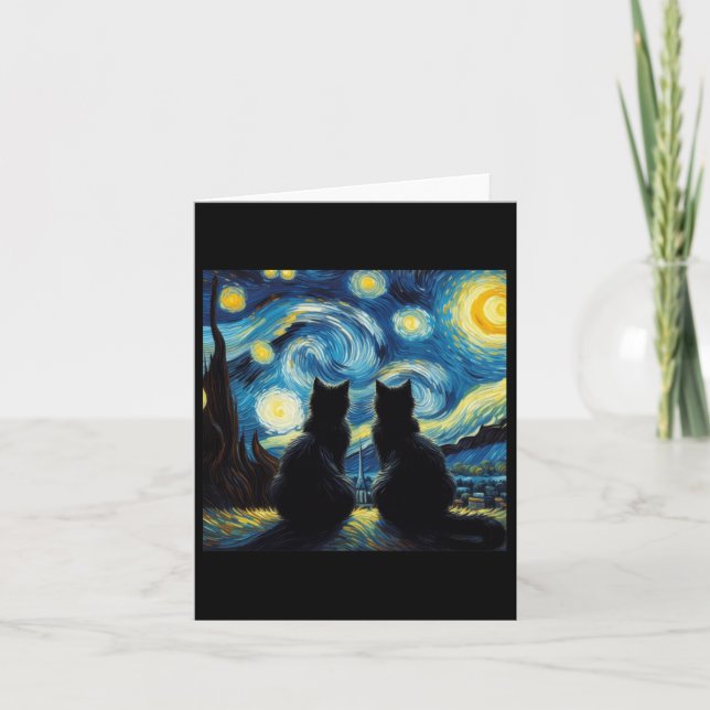Black Cats Lover Starry Night Van Gogh Cat Mum Cat Card (Front)
