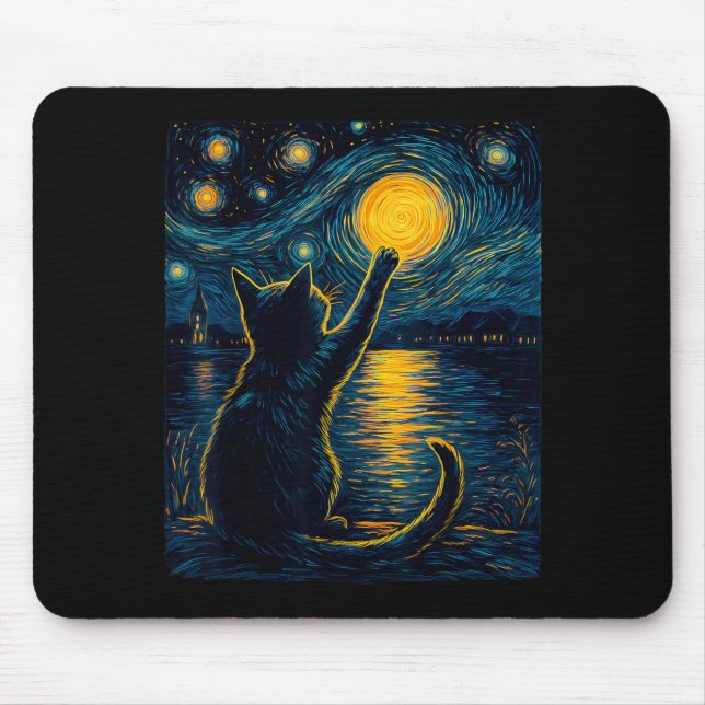 Black Cats Lover Starry Night Vincent Van Gogh Mouse Pad (Front)