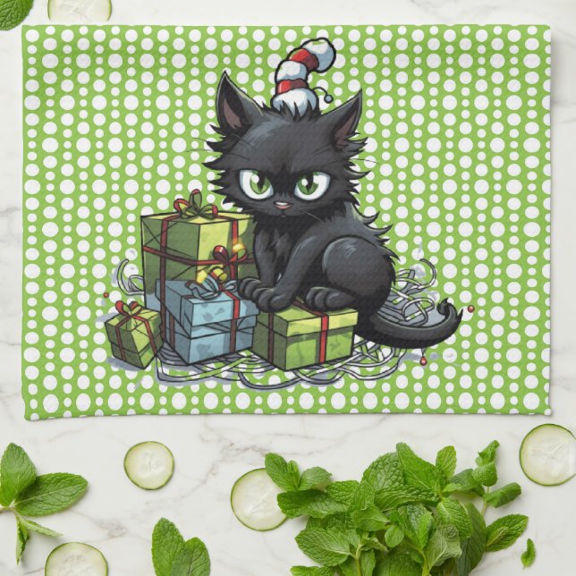 Black Cats Making Mischief Christmas  Tea Towel (Folded)