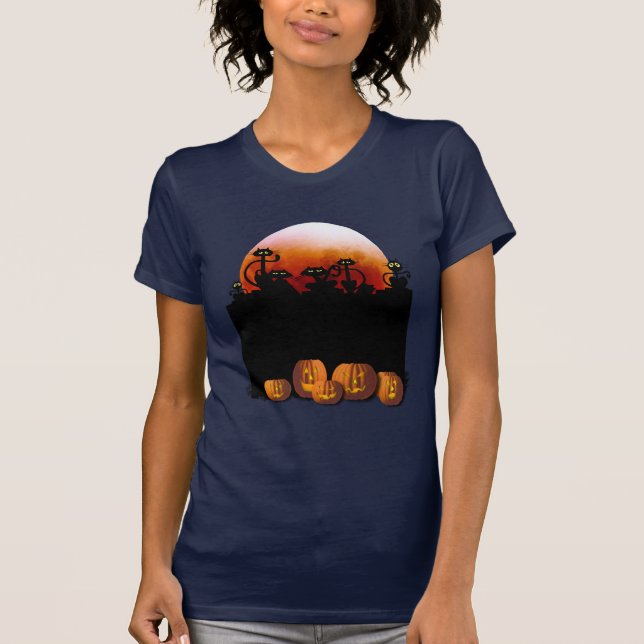 Black Cats, Moon, Pumpkins T-Shirt (Front)