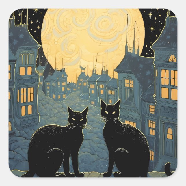 Black Cats on A Rooftop Square Sticker (Front)