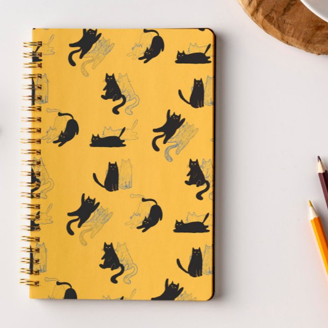 Black Cats on Mustard with Blue Outlines– Modern  Notebook (Creator Uploaded)