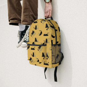 Black Cats on Mustard with Blue Outlines– Modern Printed Backpack
