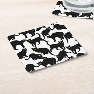 Black Cats on White Square Paper Coaster