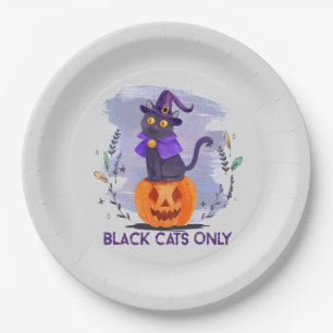 Black Cats Only – Witch Cat on Jack-O’-Lantern Paper Plate