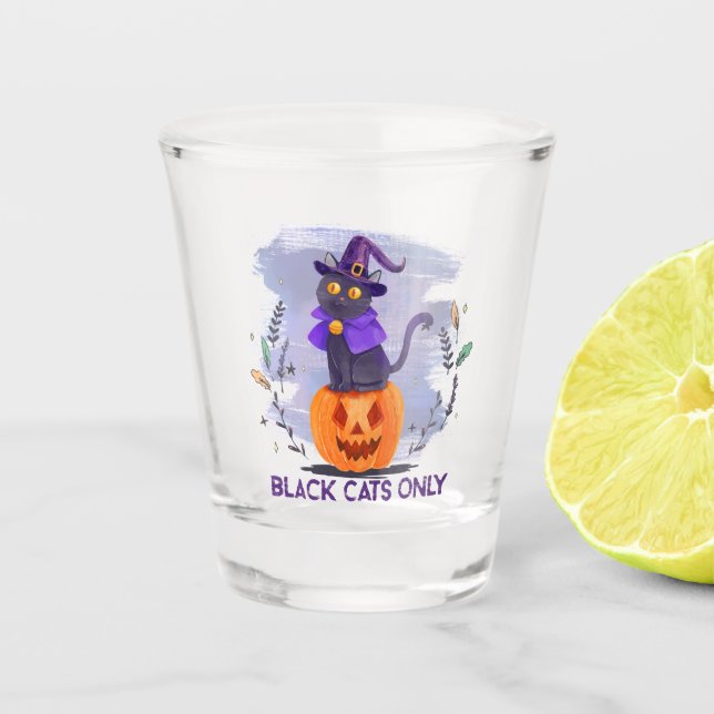 Black Cats Only – Witch Cat on Jack-O’-Lantern Shot Glass (Front)