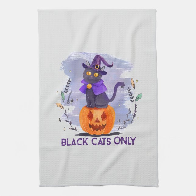 Black Cats Only – Witch Cat on Jack-O’-Lantern Tea Towel (Vertical)