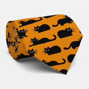 Black Cats Pattern Cool Kitties Halloween Orange Tie