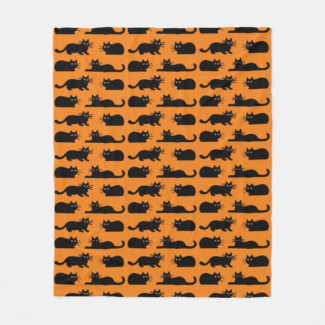 Black Cats Pattern | Kitties Black and Orange Fleece Blanket (Front)
