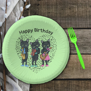 Black Cats Playing Music Green Heart Musical Notes Paper Plate