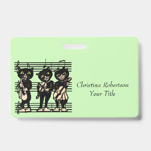 Black Cats Playing Music Sheet Musical Notes Green ID Badge