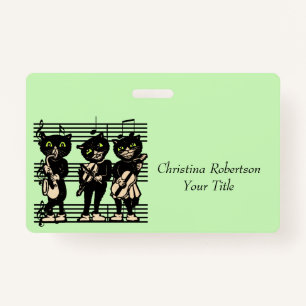 Black Cats Playing Music Sheet Musical Notes Green ID Badge