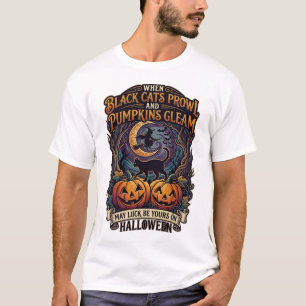 Black Cats Prowl Pumpkins Gleam Halloween Witch Cr T-Shirt