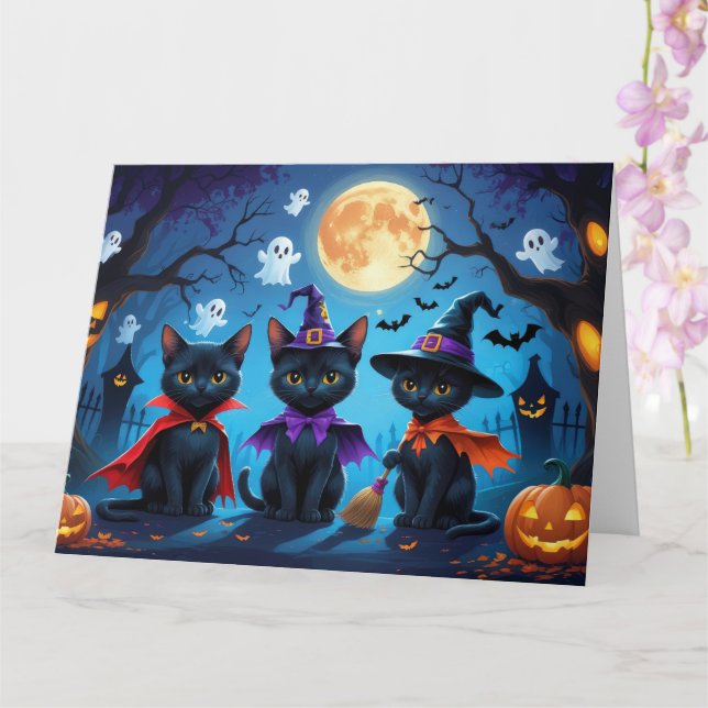 Black Cats Pumpkin Halloween Funny Card (Orchid)